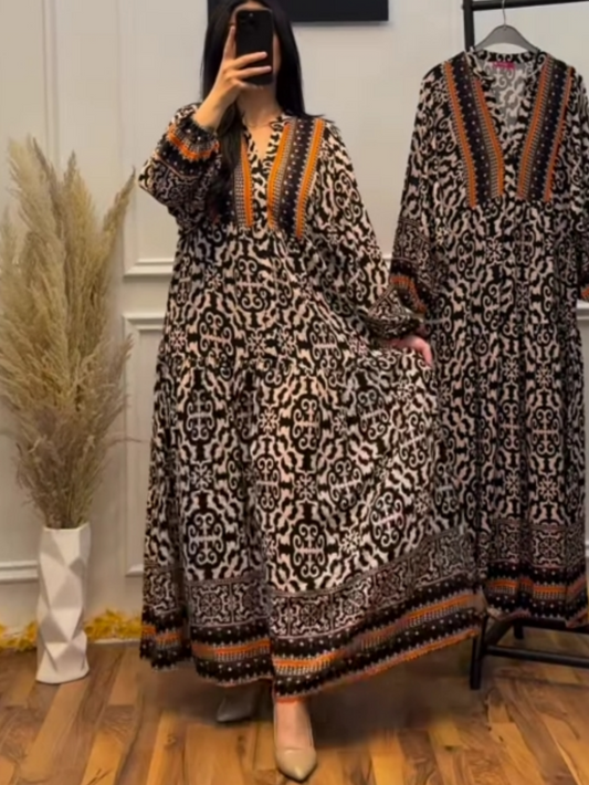 Contrast color V-neck long sleeve printed dress