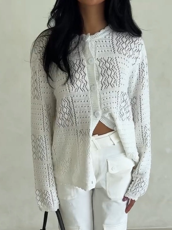 White Casual Single-Breasted Knit Cardigan