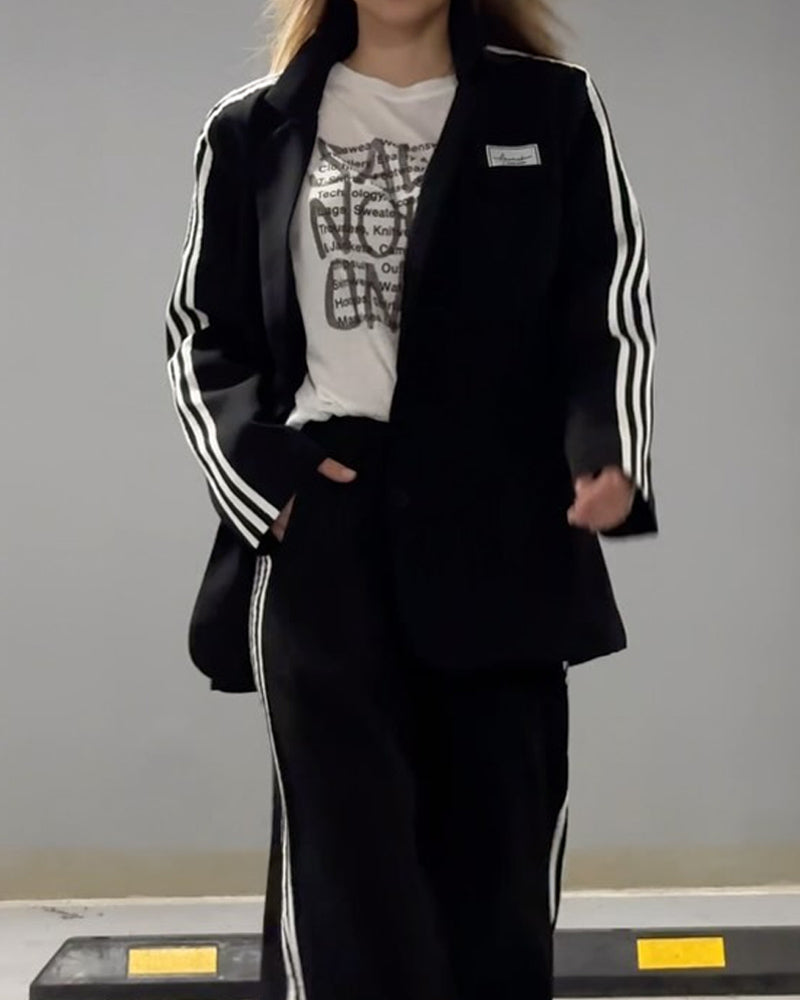 Fashionable Striped Blazer & Wide Leg Pants Two-Piece Set