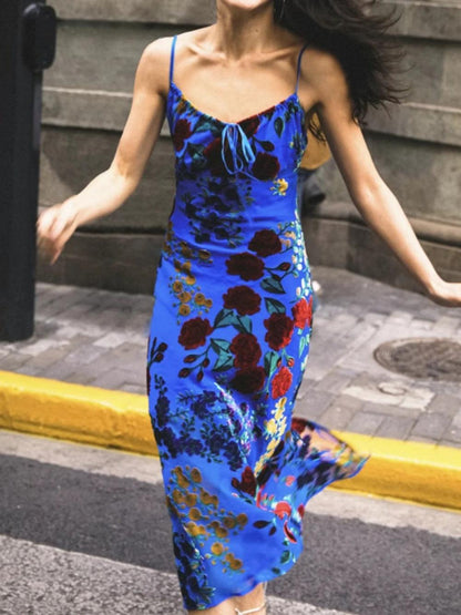 Blue Strap Floral Midi Dress