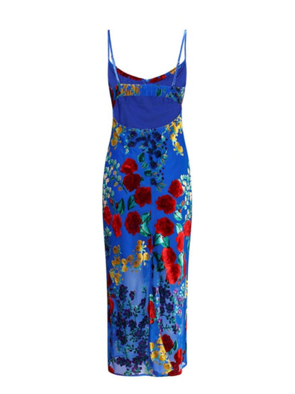 Blue Strap Floral Midi Dress