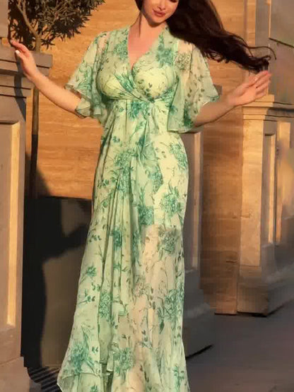 Retro V-neck trumpet sleeve printed dress