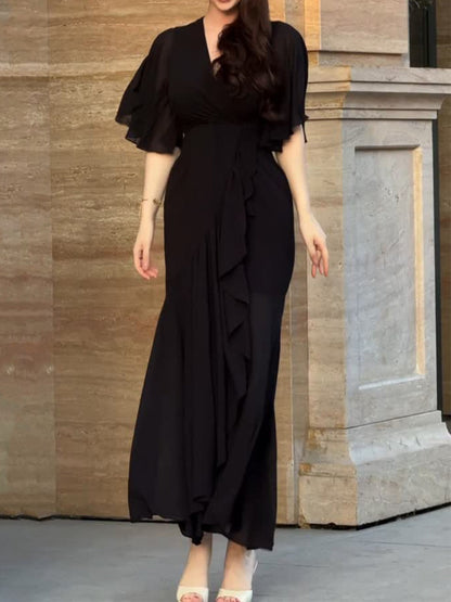 Retro V-neck trumpet sleeve printed dress