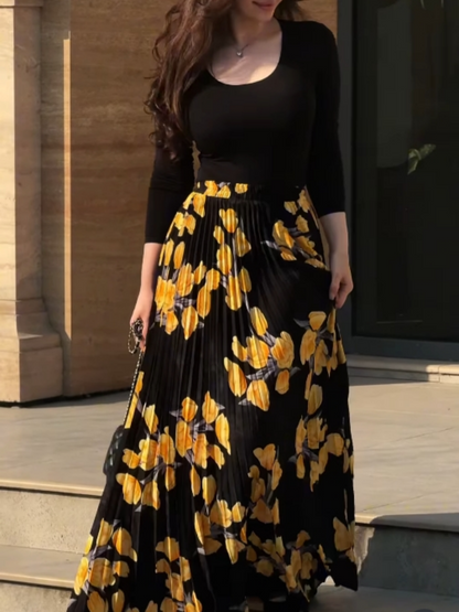 Yellow printed pleated skirt