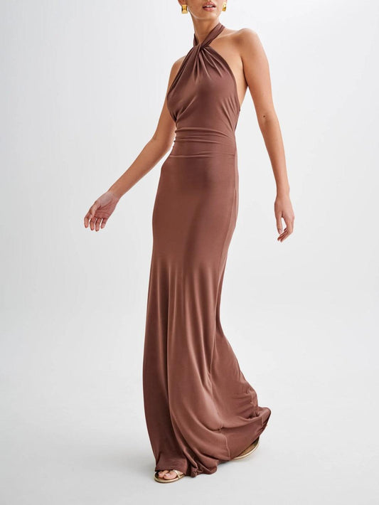 Slinky Halter Maxi Dress - Brown
