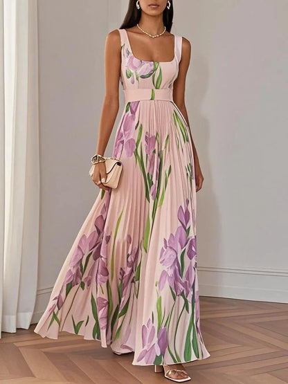 White Pleated Floral Chiffon Square Neck Sleeveless A-Line Maxi Dress