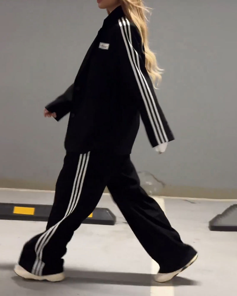 Fashionable Striped Blazer & Wide Leg Pants Two-Piece Set