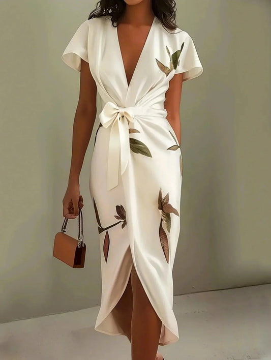 White Leaf Short Sleeve Satin Wrap Sheath Midi Dress