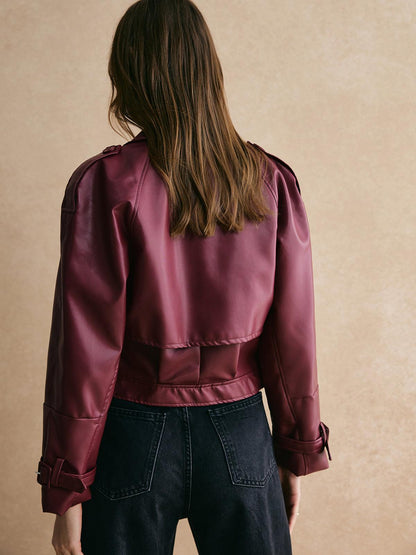 Buckle Design Belted PU Leather Jacket