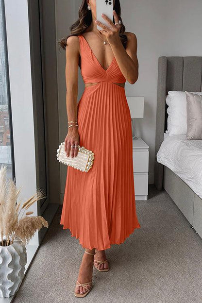 V Neck Cut Out Waist Sleeveless Pleated Maxi Dress
