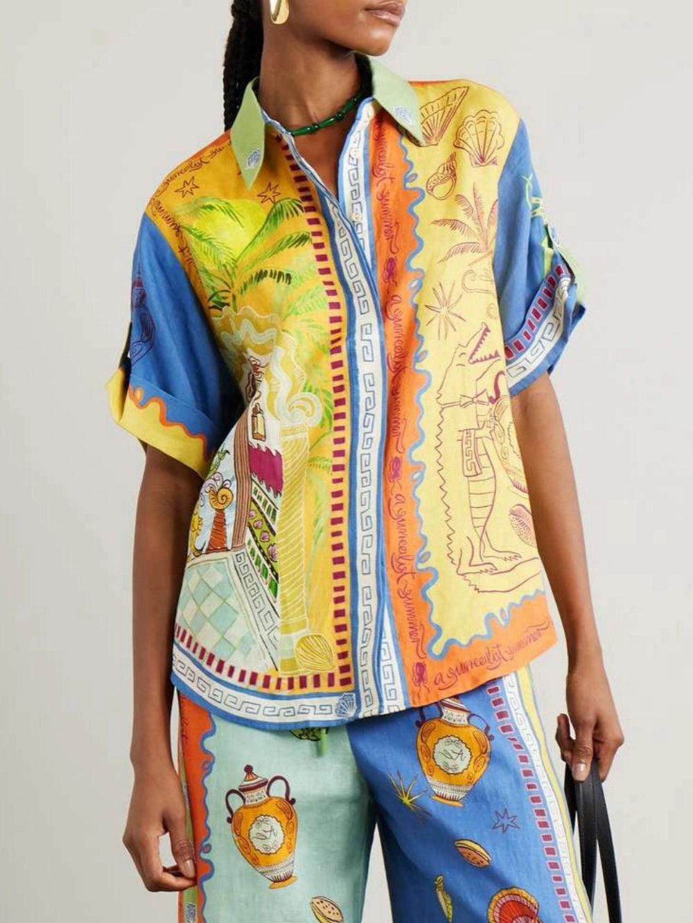 Summer Fantasy Print Short Sleeve Loose Top and Pants Set