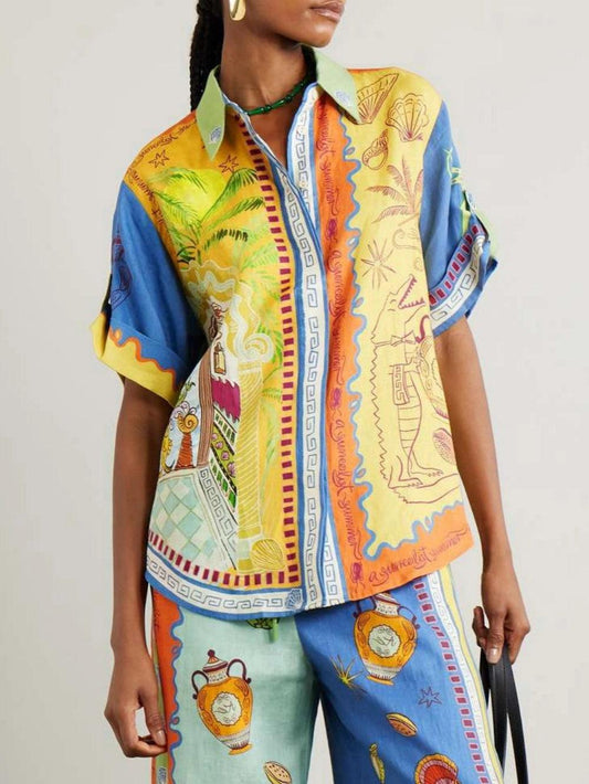 Summer Fantasy Print Short Sleeve Loose Top and Pants Set