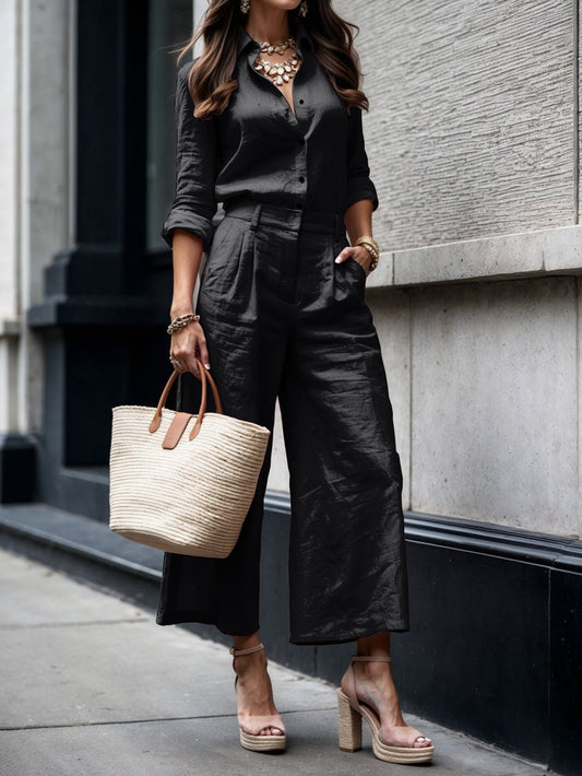 Black Capri Pants and Loose Shirt Linen Set