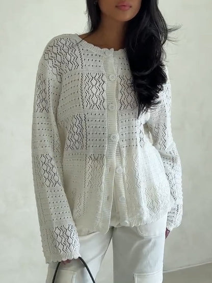 White Casual Single-Breasted Knit Cardigan