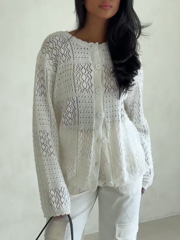 White Casual Single-Breasted Knit Cardigan
