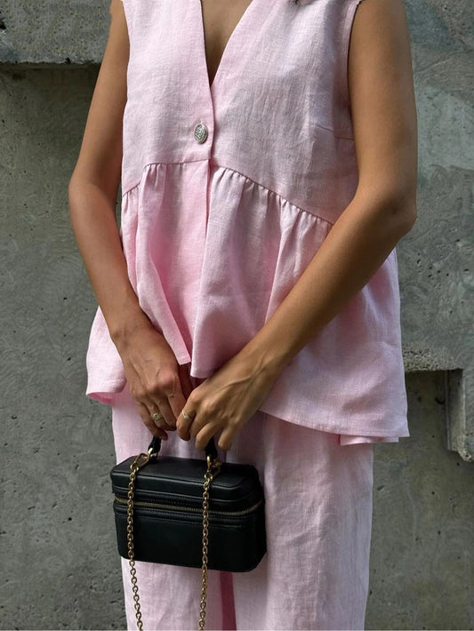 Cotton and linen V-neck ruffled two-piece suit