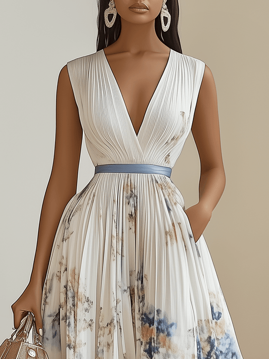 Spring New White Pleated Floral Chiffon V Neck Sleeveless A-Line Midi Dress