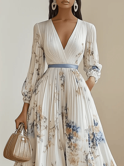 Spring New White Pleated Chiffon V Neck Floral Long Sleeve Balloon Sleeve A-Line Maxi Dress