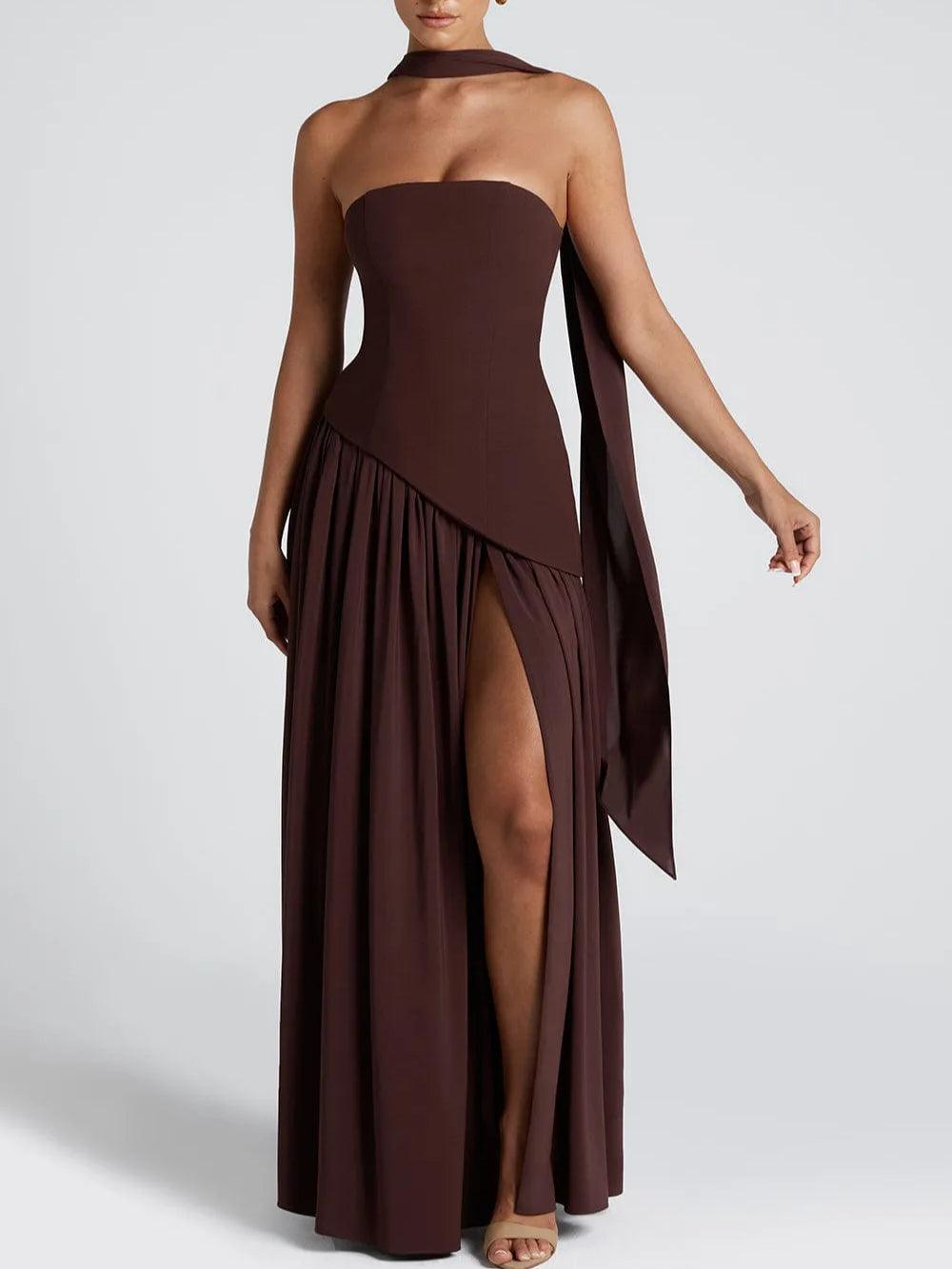 Strapless Slit Ribbon Maxi Dress