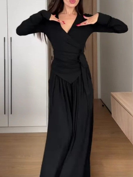 V-neck long-sleeved tie plus wide-leg trousers suit
