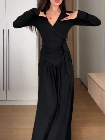 V-neck long-sleeved tie plus wide-leg trousers suit