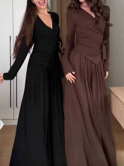 V-neck long-sleeved tie plus wide-leg trousers suit